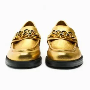Zara | Shoes | Zara Chain Trim Metallic Leather Loafers Gold  display picture 2